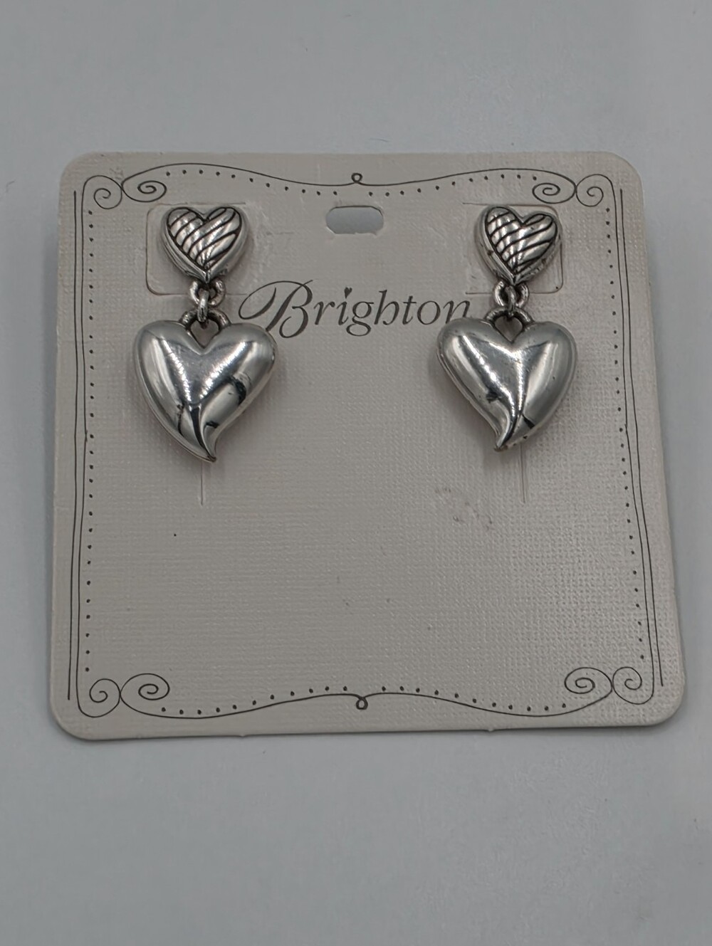 Brighton Silver Heart Drop Puffed Earrings - Polished Double-Heart Design